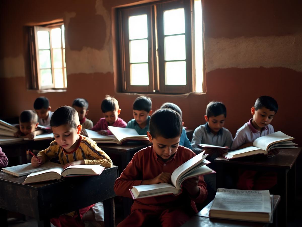 Pupils reading at desks in a rural classroom