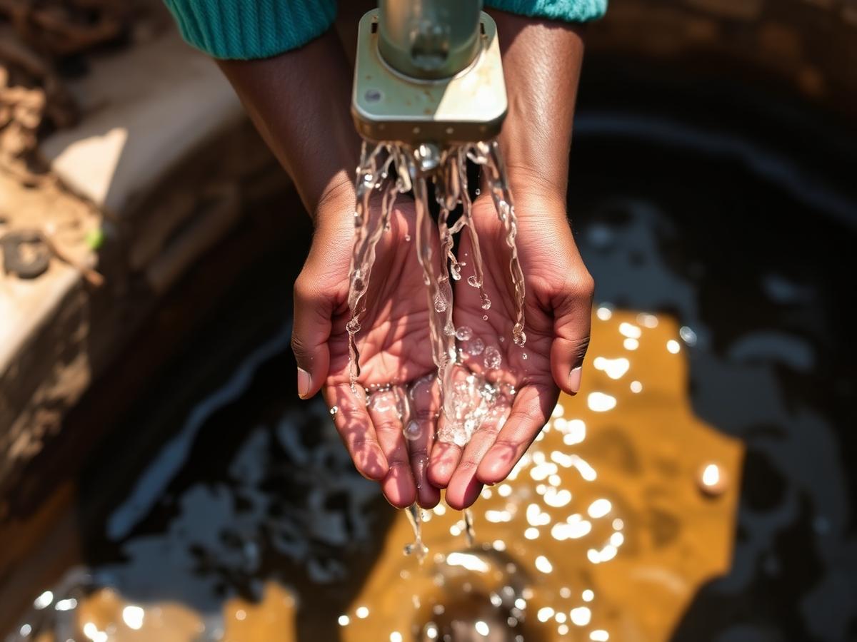 Hands cupped under water flowing from a village pump