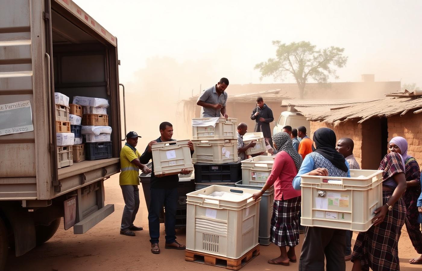 Volunteers unloading relief supplies from a truck